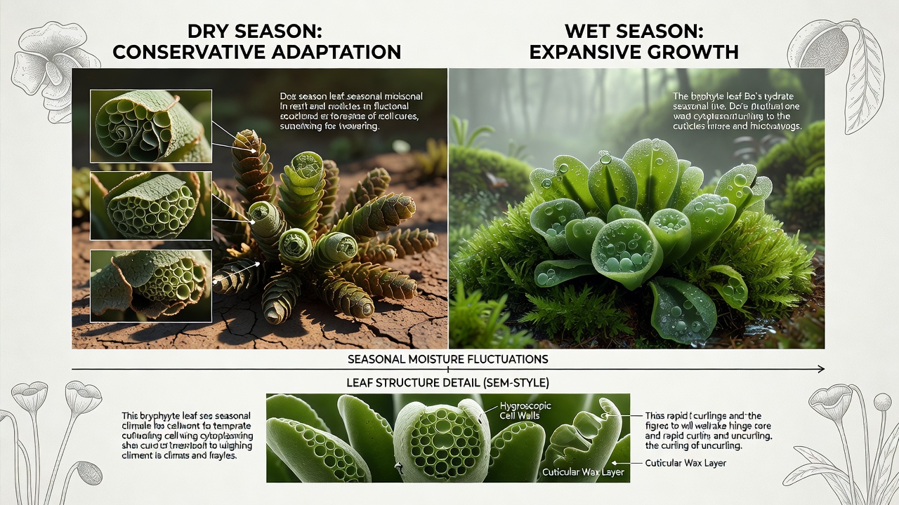 Bryophyte colony demonstrating leaf curling and water retention structures during seasonal transition in northern woodland